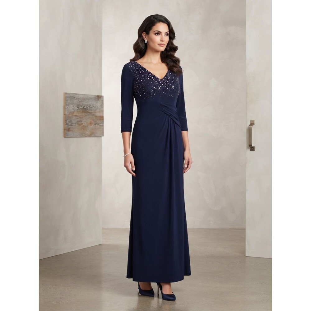 Marina Navy Beaded Sequin V-Neck Ruched 3/4 Sleeve Long Gown